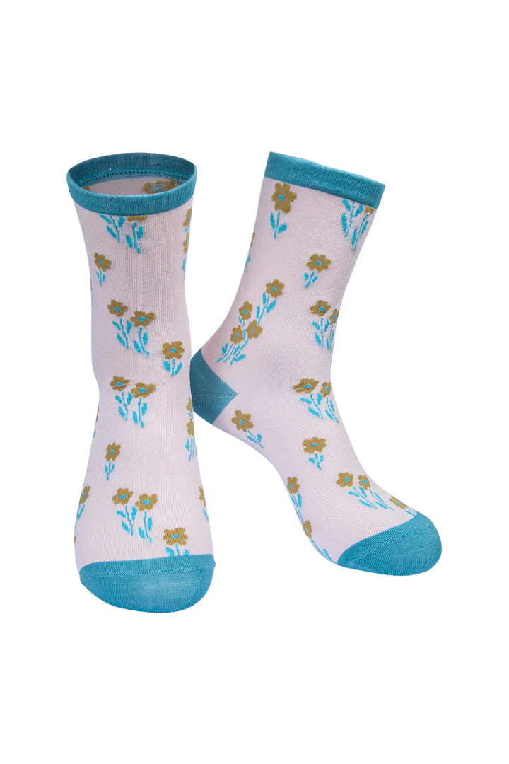 Light Pink Green Ditsy Floral Bamboo Mix Socks