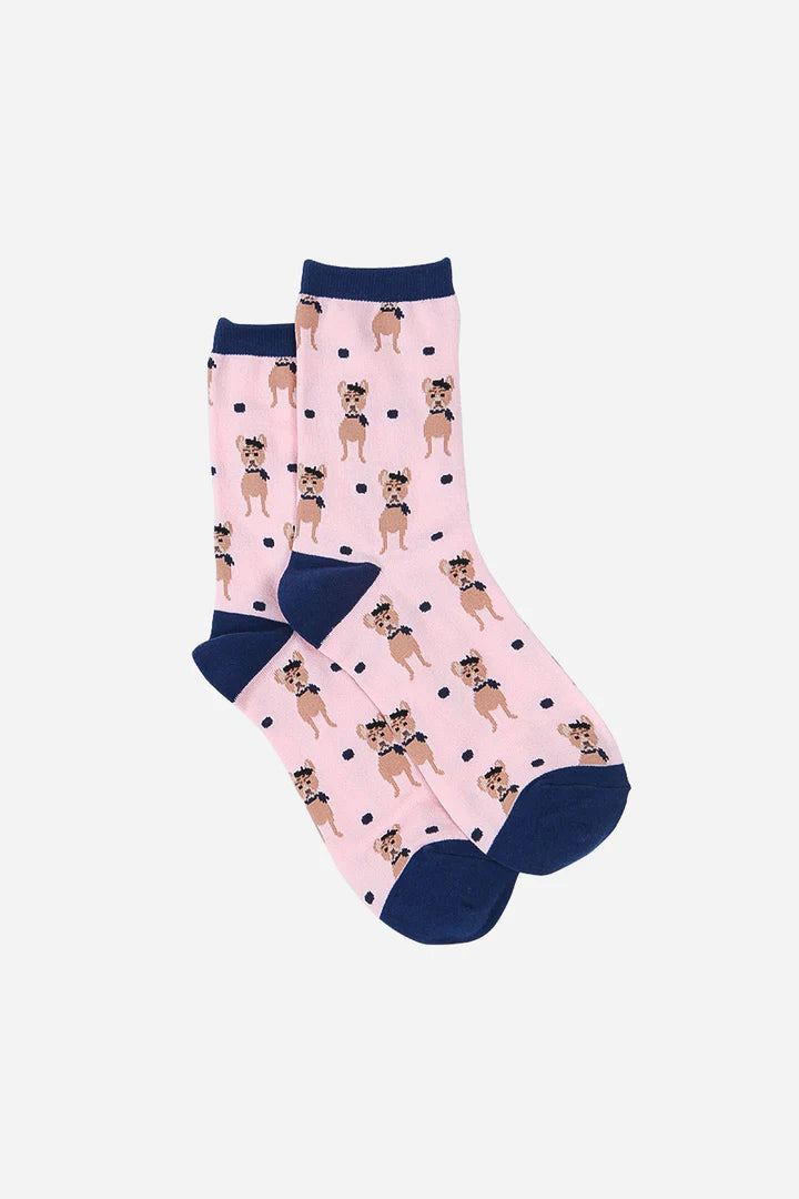 Pink Navy French Bulldog Print Bamboo Socks