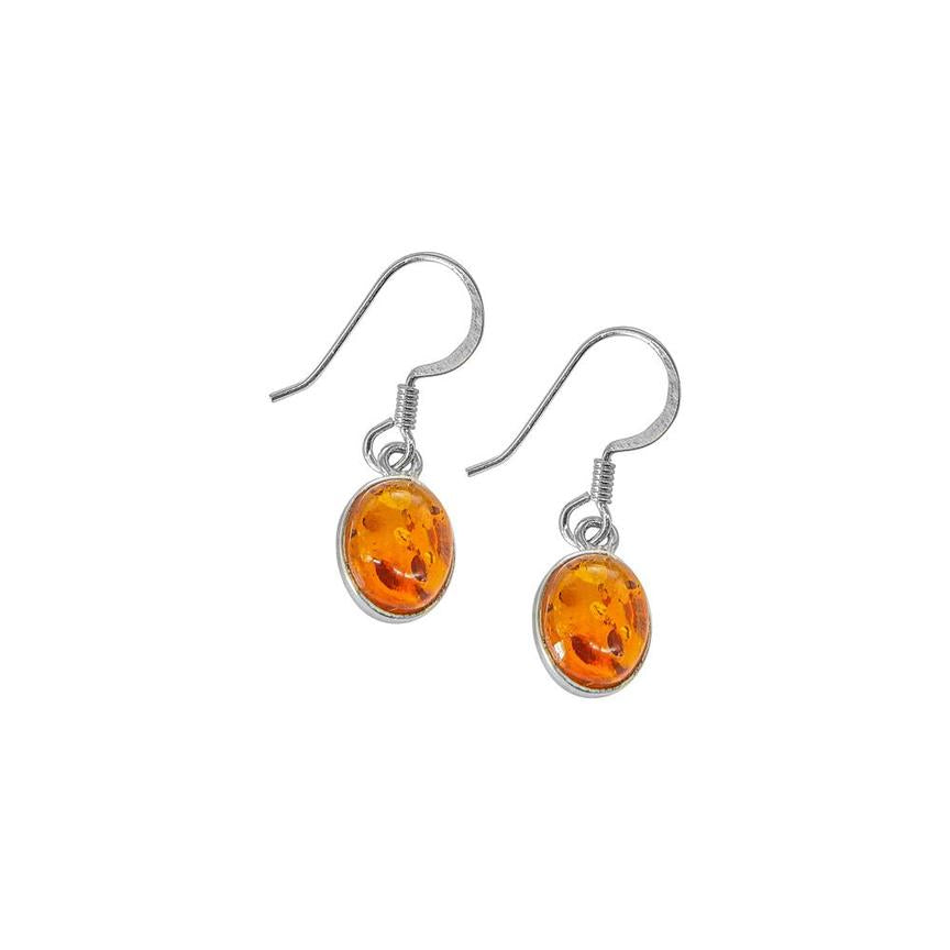 Silver Single Oval Drop Earrings with Amber