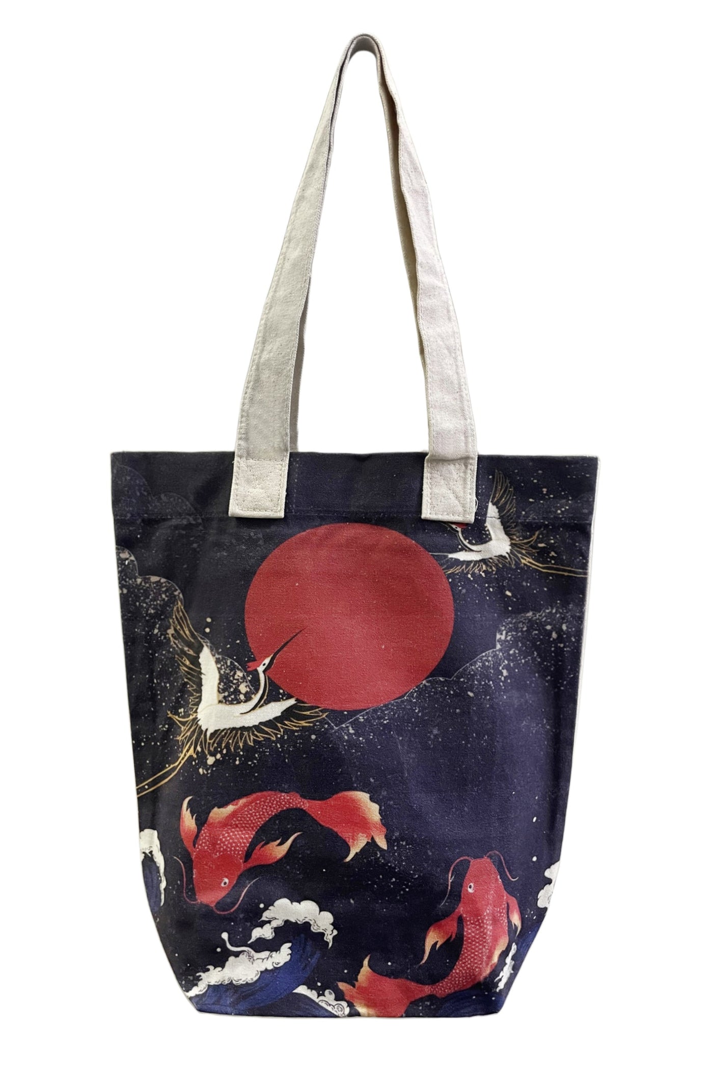 Japanese Crane & Koi Fish Print Cotton Tote Bag