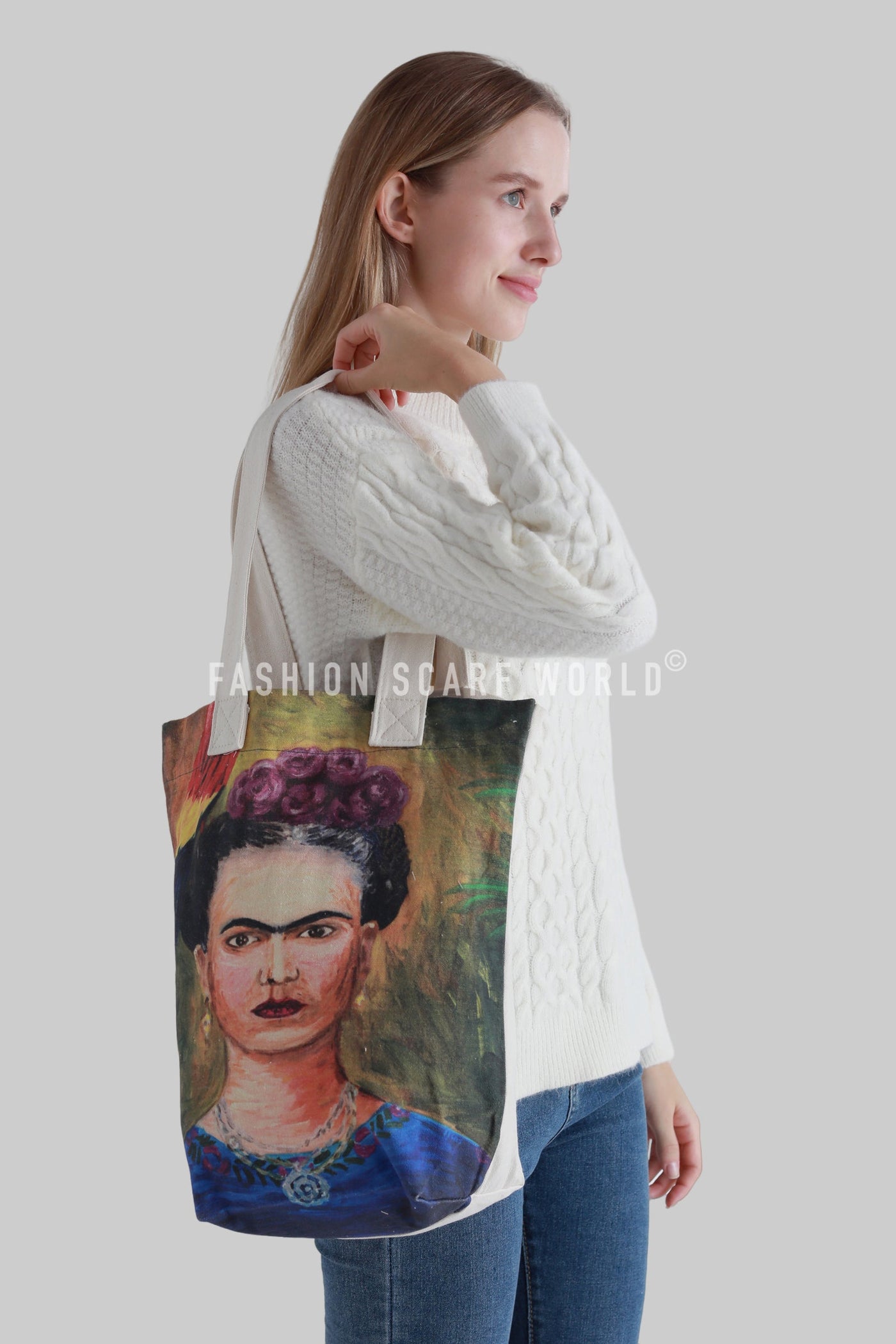Frida Kahlo Self Portrait with Parrot Art Cotton Tote Bag