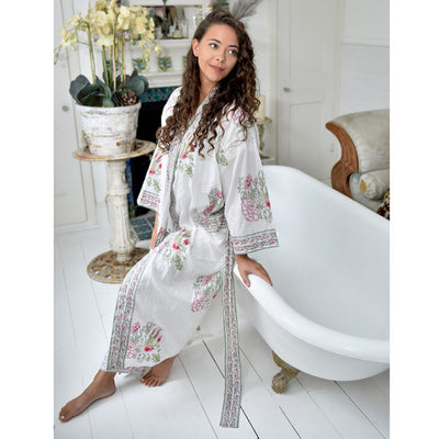 Powell Craft Mint Green and Pink Floral Block Print Dressing Gown