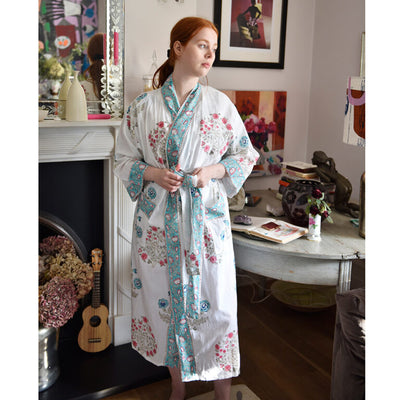 Powell Craft Blue & Pink Floral Block Print Dressing Gown