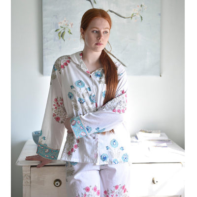 Powell Craft Blue and Pink Floral Block Print Pyjama Set
