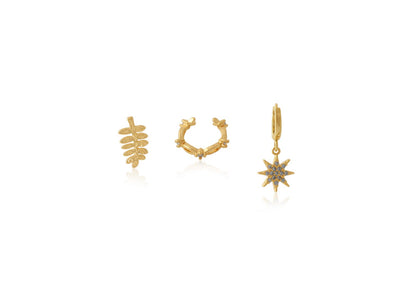 Caroline Piercing Pack Of Stud, Ear Cuff And Huggie in Gold Finish