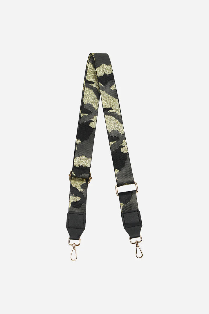 Black and gold glitter camouflage print bag strap