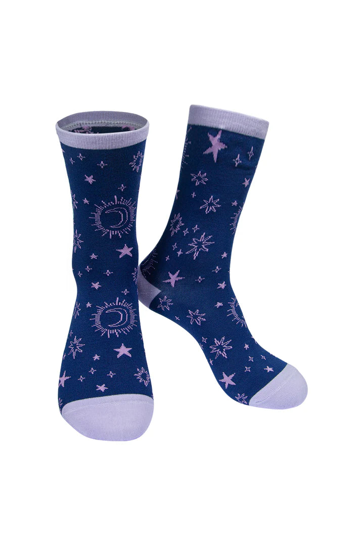 Navy Blue Lilac Celestial Print Bamboo Mix Socks