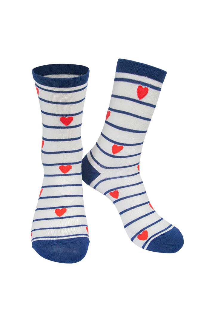 Navy Blue Red Hearts and Stripes Bamboo Mix Socks