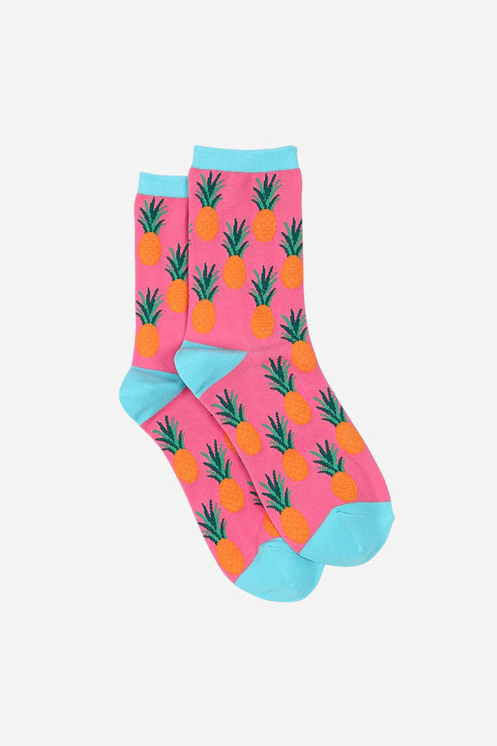 Fuchsia Turquoise Women's Pineapple Print Bamboo Socks