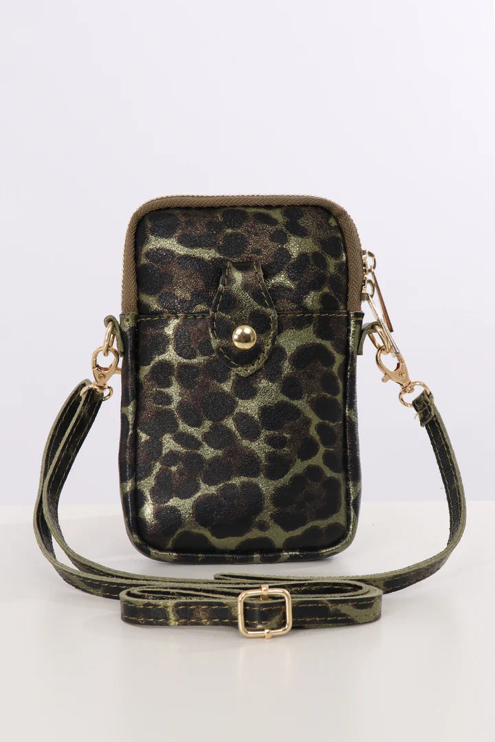 Khaki Leopard Print Italian Crossbody Phone Bag