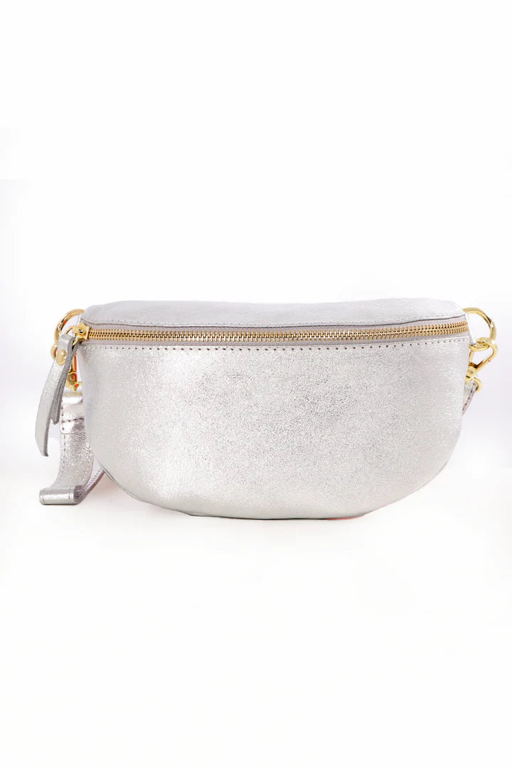 Silver Italian Leather Half Moon Crossbody Bag
