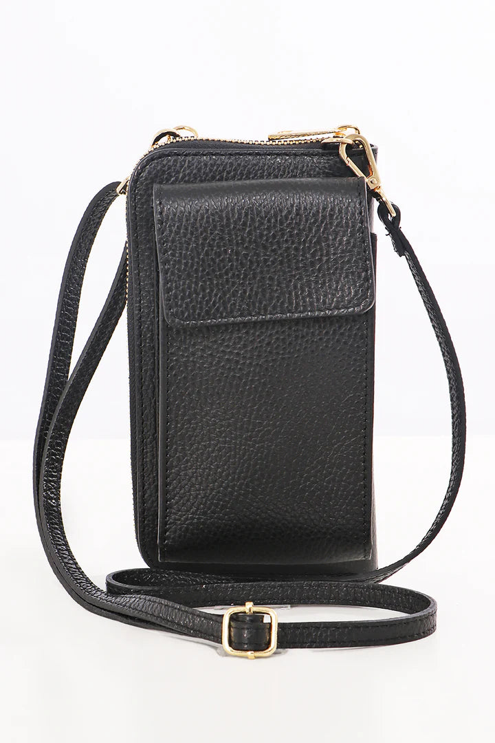 Black Italian Leather Mobile Phone Wallet Combo Bag.