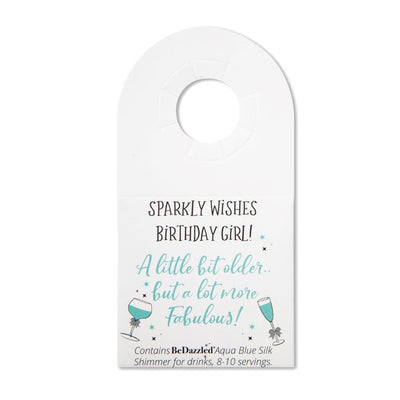 Sparkly Wishes Birthday Girl! - bottle neck gift tag containing Aqua Blue shimmer
