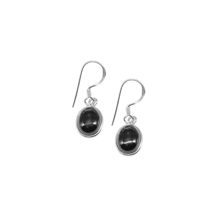 Silver Single Oval Drop Earrings with Black Onyx