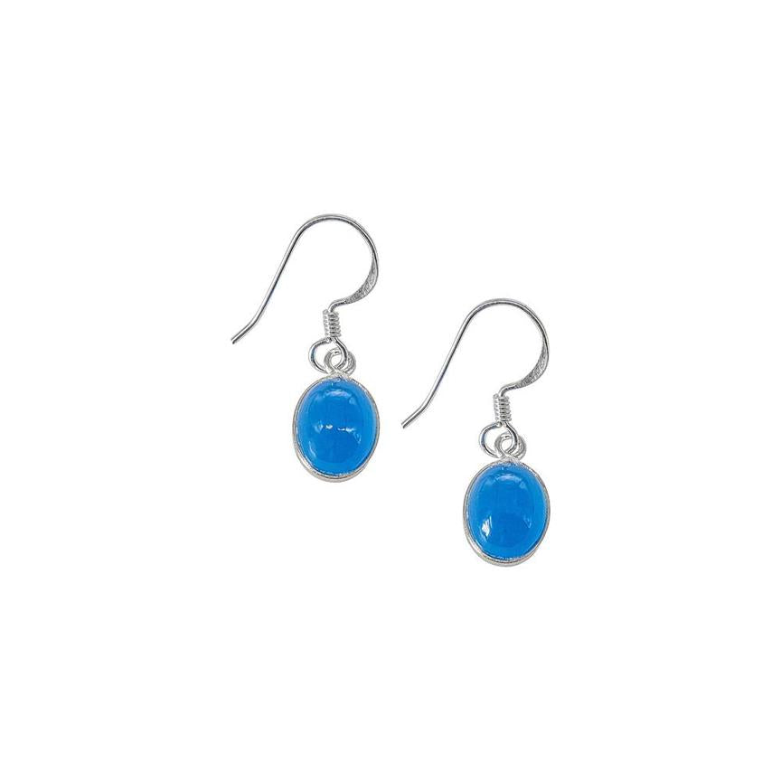 Silver Single Oval Drop Earrings with Blue Chalcedony