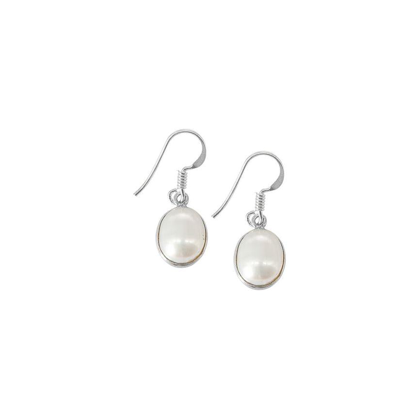 Silver Single Oval Drop Earrings with Pearl