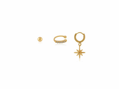 Elle Piercing Pack Of Stud, Ear Cuff And Huggie in Gold Finish