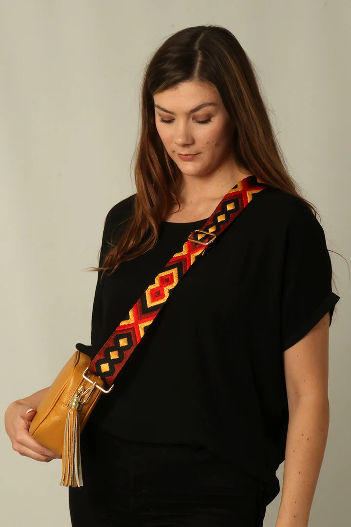 Black, red, and mustard Aztec print wide bag strap