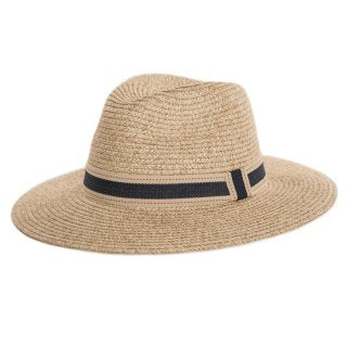 Copy of Ladies Straw Fedora Hat With Ribbon Band - Natural with Charcoal Trim