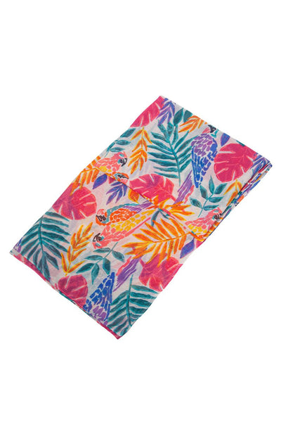 Fuchsia Green Sketched Tropical Print Lightweight Scarf