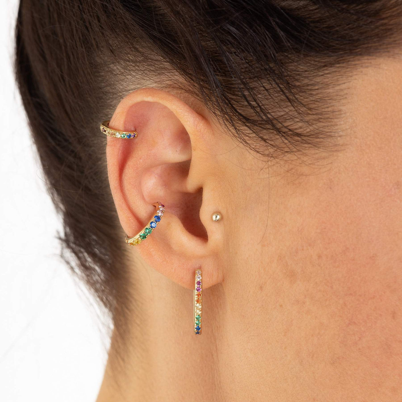 Huggie Earrings with Rainbow Stones in Gold Plated Silver