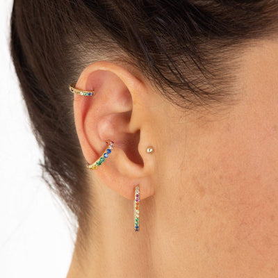 Huggie Earrings with Rainbow Stones in Gold Plated Silver