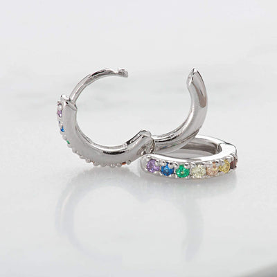 Huggie Earrings with Rainbow Stones in Silver